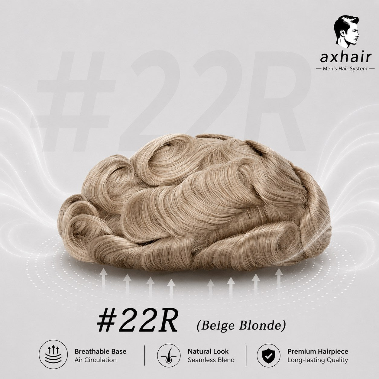 Men's full toupee with beige blonde wavy hair, thin skin base, single knots